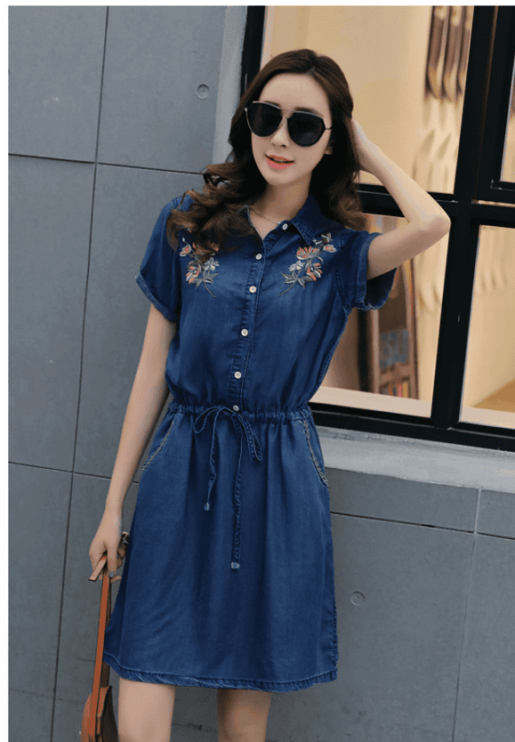 ĐẦM JEAN CỔ SƠ MI THẮT EO THÊU HOA 